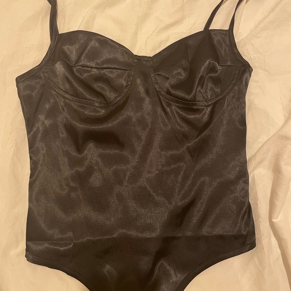 Black satin corset bodysuit